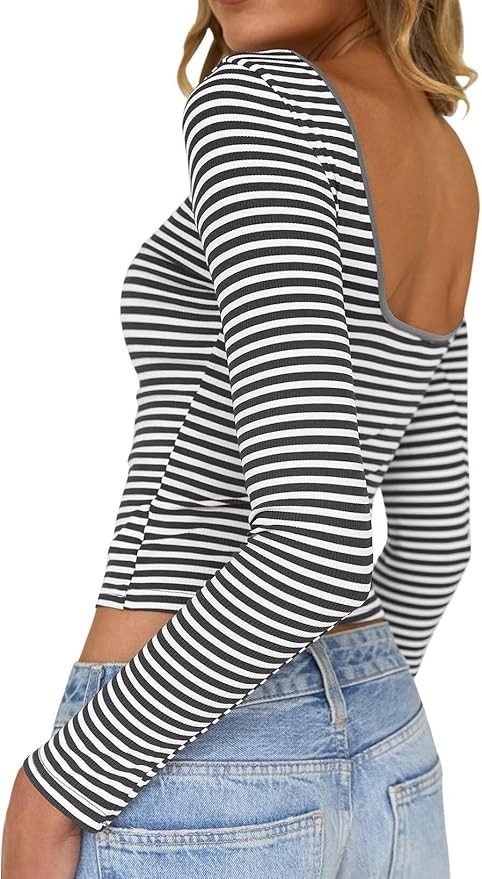 Long Sleeve Shirts for Women Sexy Backless Striped Tops Going Out T-Shirt Y2K Crop Womens Blouse ... | Amazon (US)
