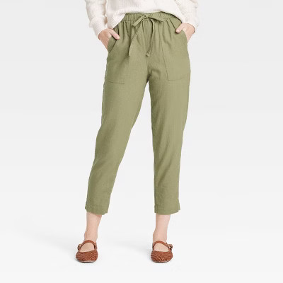 Women's High-Rise Straight Leg Pull-On Pants - Universal Thread™ Olive Green L: Linen Rayon Blend, Relaxed Fit | Target
