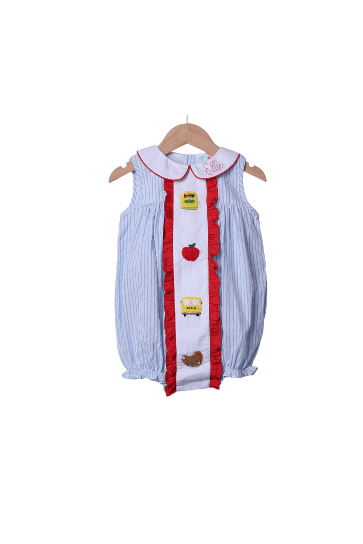 French Knot School Blue Pinstripe Red Ruffle Bubble | The Smocked Flamingo