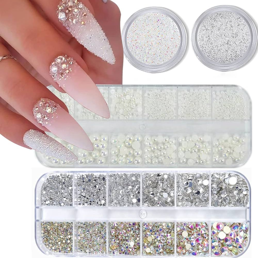 4 Boxes Flatback Rhinestones and Pearls Nail Charms for Acrylics - Crystals, Half Rounds, and Acc... | Amazon (US)