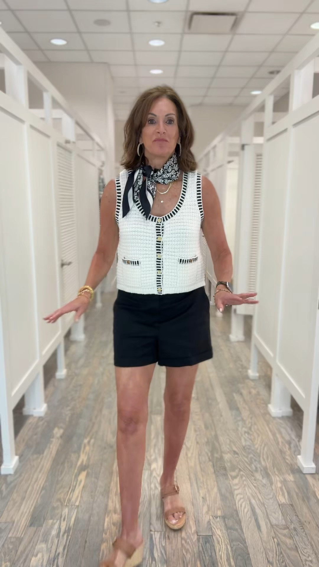 Tank Sweater vest - size large 
Cuffed shorts - size 29/8

Vacation style 
Summer outfit 
Summer party 
Scarf style 


#LTKMidsize #LTKSaleAlert