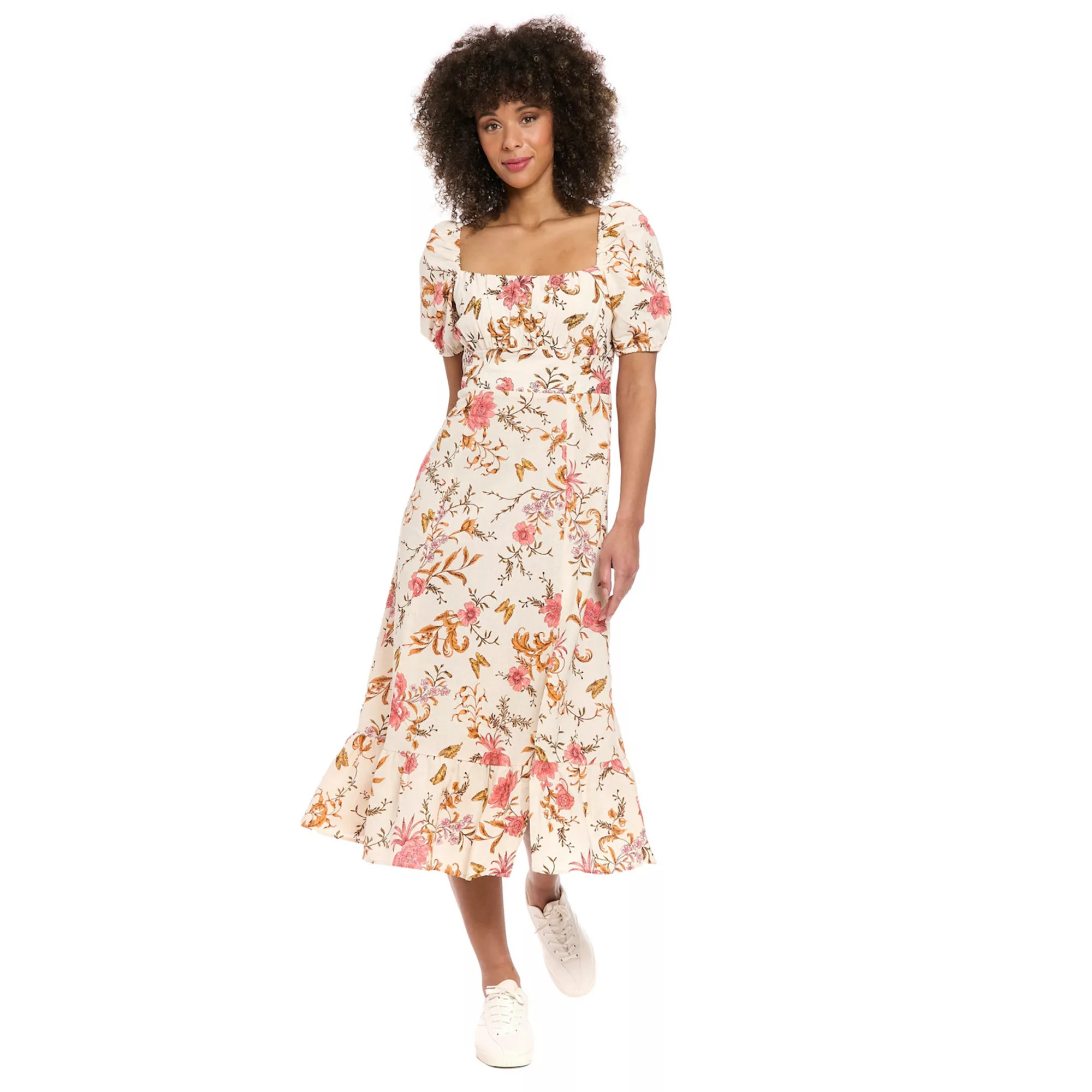 Women's London Times Floral Squareneck Puff Sleeve Empire Waist Midi Dress | Kohl's