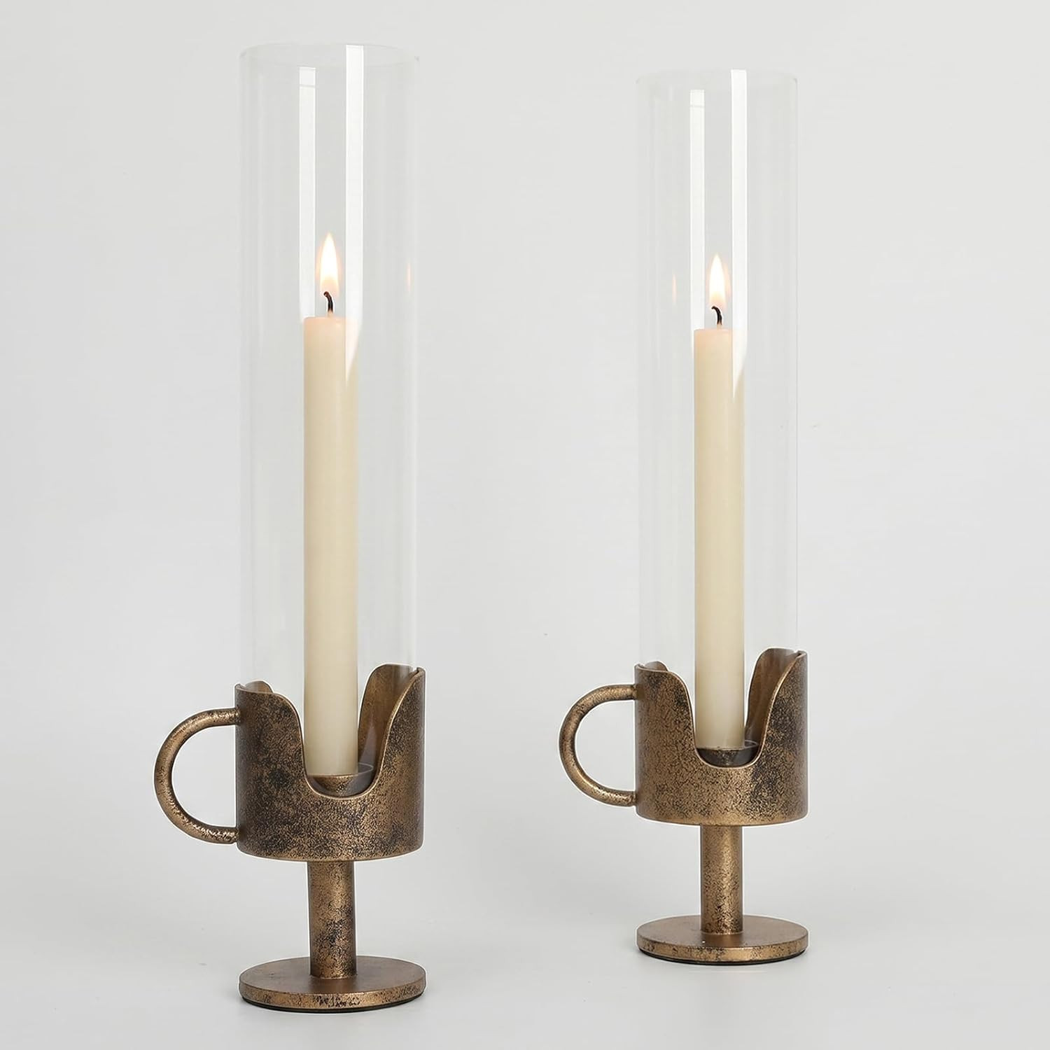 Antique Brass Hurricane Candle Holders with Clear Glass Tube, Set of 2 Vintage Taper Candlestick Holders for Dining Table Centerpiece & Fireplace Mantle Decor, 13.2" Tall | Amazon (US)