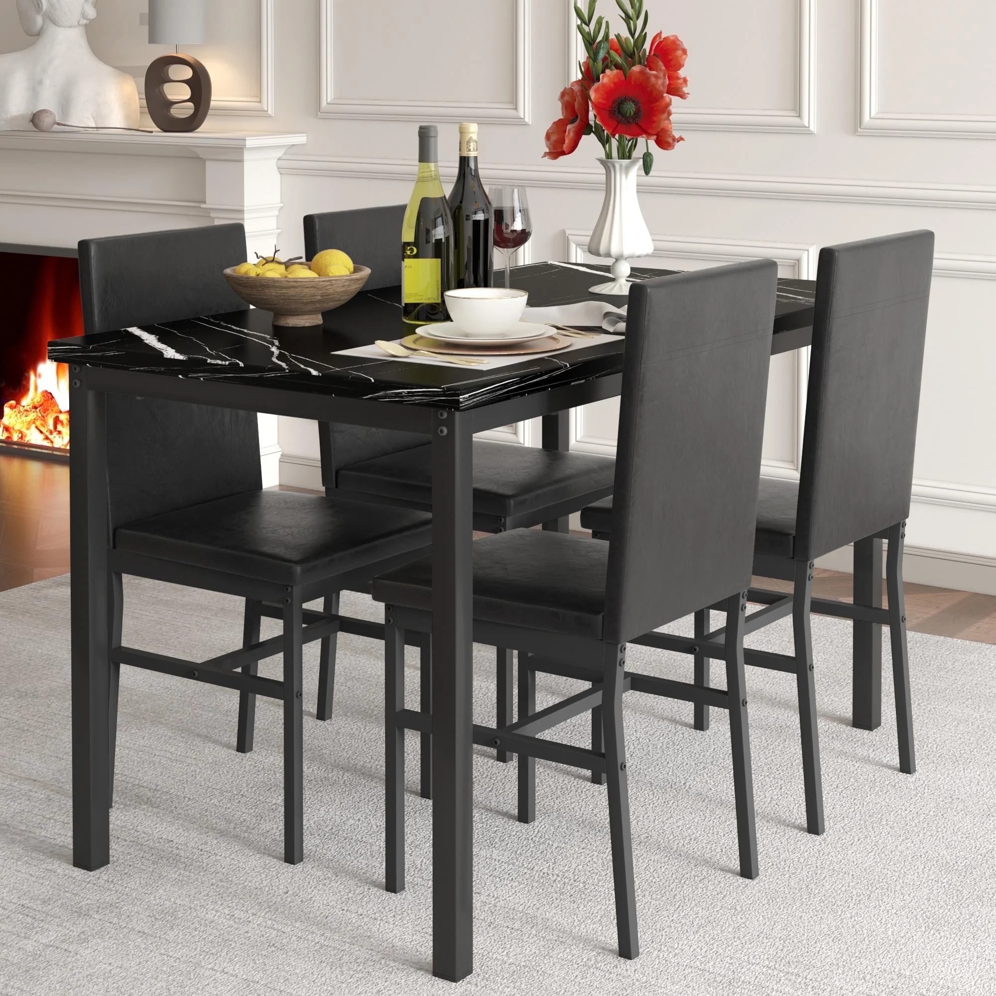 5 Piece Dining Table Set, Modern Faux Marble Tabletop and 4 PU Leather Upholstered Chairs, Rectan... | Walmart (US)