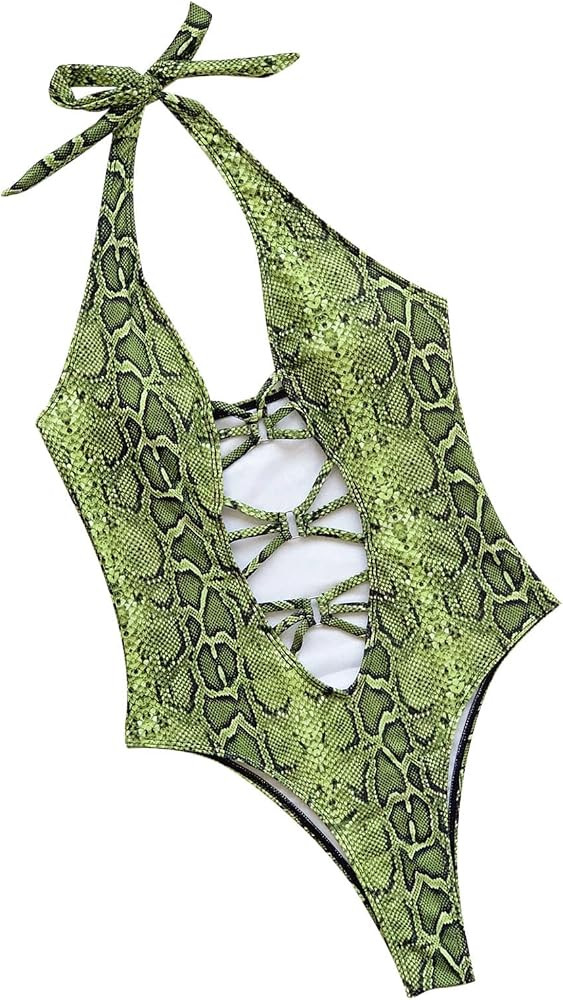 Women's Sexy Snakeskin Print Plunge Neck Cut Out Backless Halter Strappy High Cut One Piece Swims... | Amazon (US)