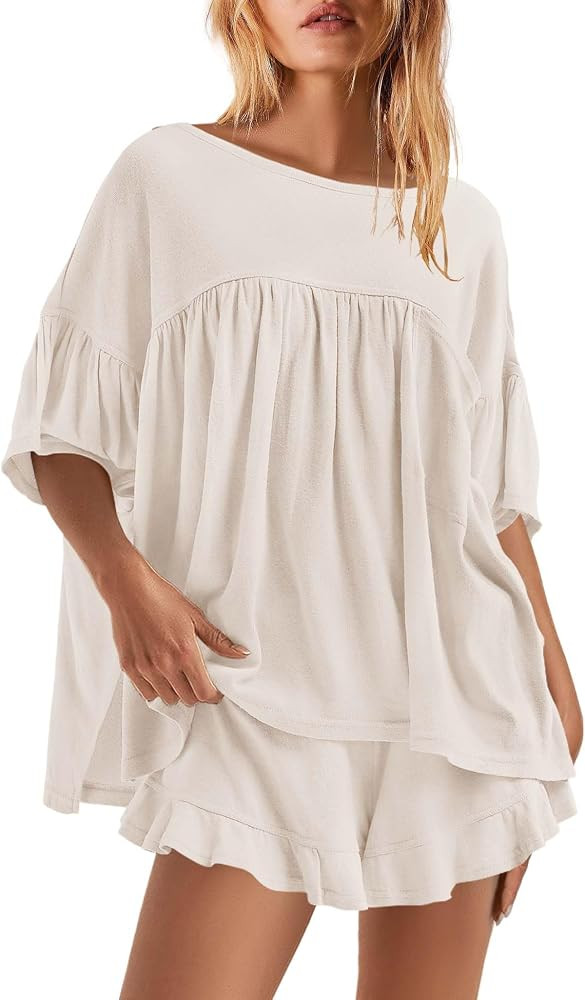 Nirovien Womens 2 Piece Lounge Set Two Piece Outfits Summer Babydoll Tops Ruffle Shorts Beach Mat... | Amazon (US)