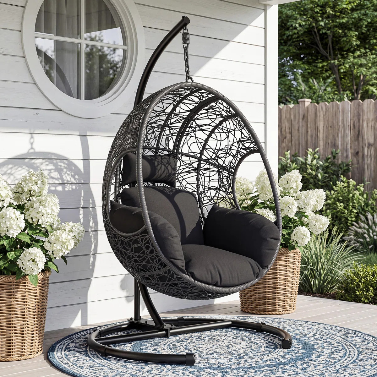 Oversized Outdoor Hanging Egg Chair with Stand, Cushion & Rain Cover, PE Rattan Wicker Patio Swin... | Wayfair North America