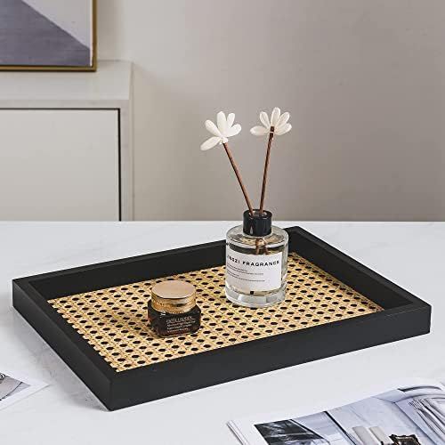 Rectangle Serving Tray with Imitated Rattan, Ottoman Tray, Black Decorative Tray, Basket Serving Tra | Amazon (US)