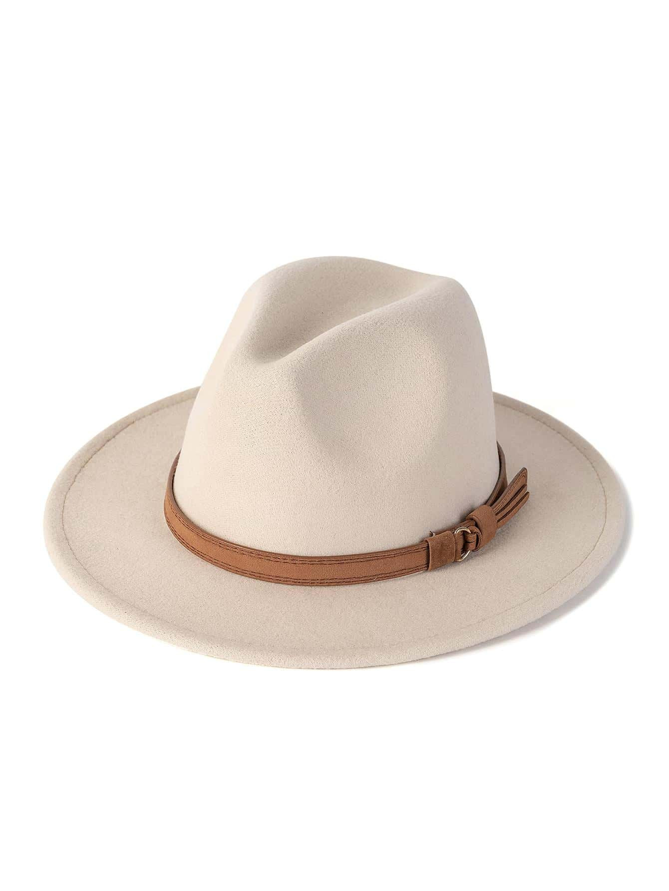 1pc Solid Color Knit Felt Wide Brim Hat With Leather Buckle Suitable For Daily Wear, Going Out, F... | SHEIN