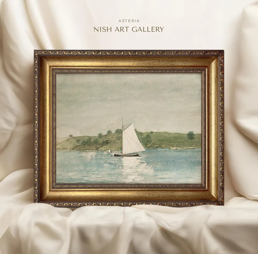 Framed Vintage Print, Sailboat in the Lake Wall Art, Framed Lakescape Wall Decor, Framed Raft Art... | Etsy (US)