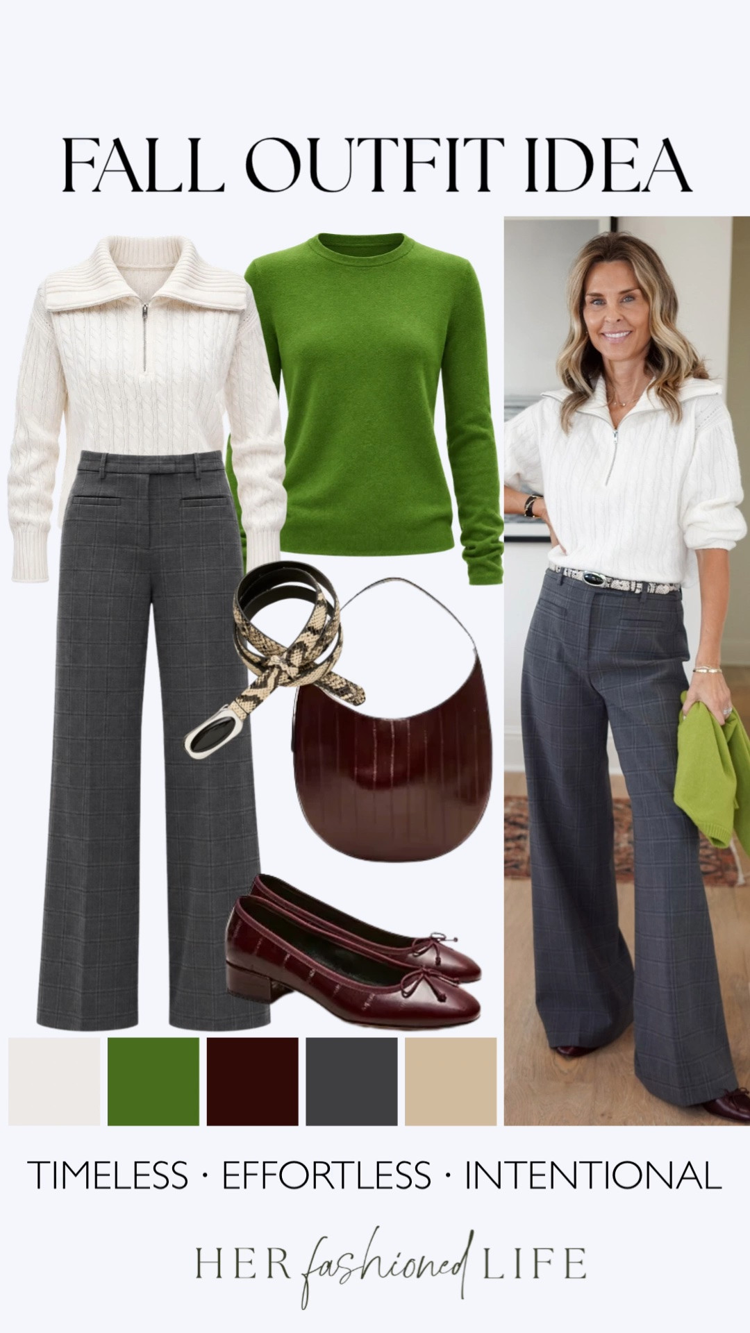 I’m 5’6”
-Plaid pants TTS
-White cashmere zip-up-XS
-Burgundy ballet flats size down ½ size

#LTKootd #LTKWorkwear #LTKOver40