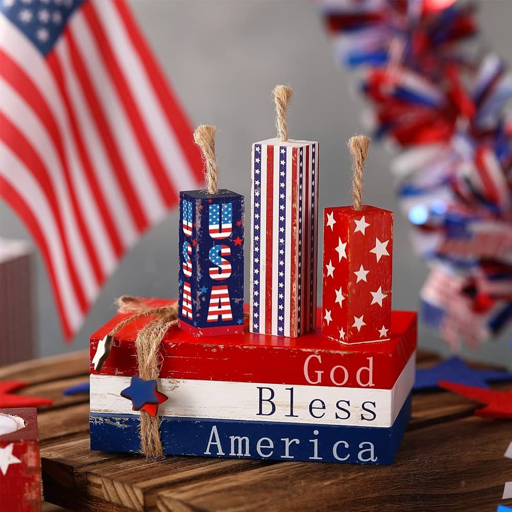 Jetec 4 Pcs 4th of July Patriotic Table Centerpiece Wooden Red Blue White Tiered Tray Decor for F... | Amazon (US)