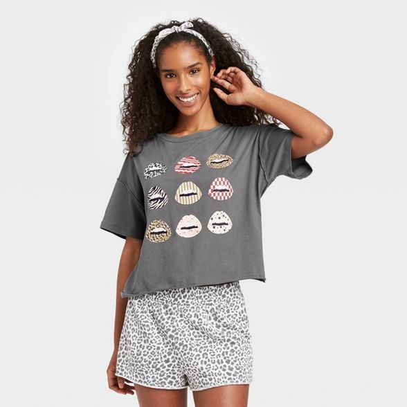Women's Animal Print T-Shirt and Shorts Pajama Set with Bandana - Grayson Threads Gray | Target
