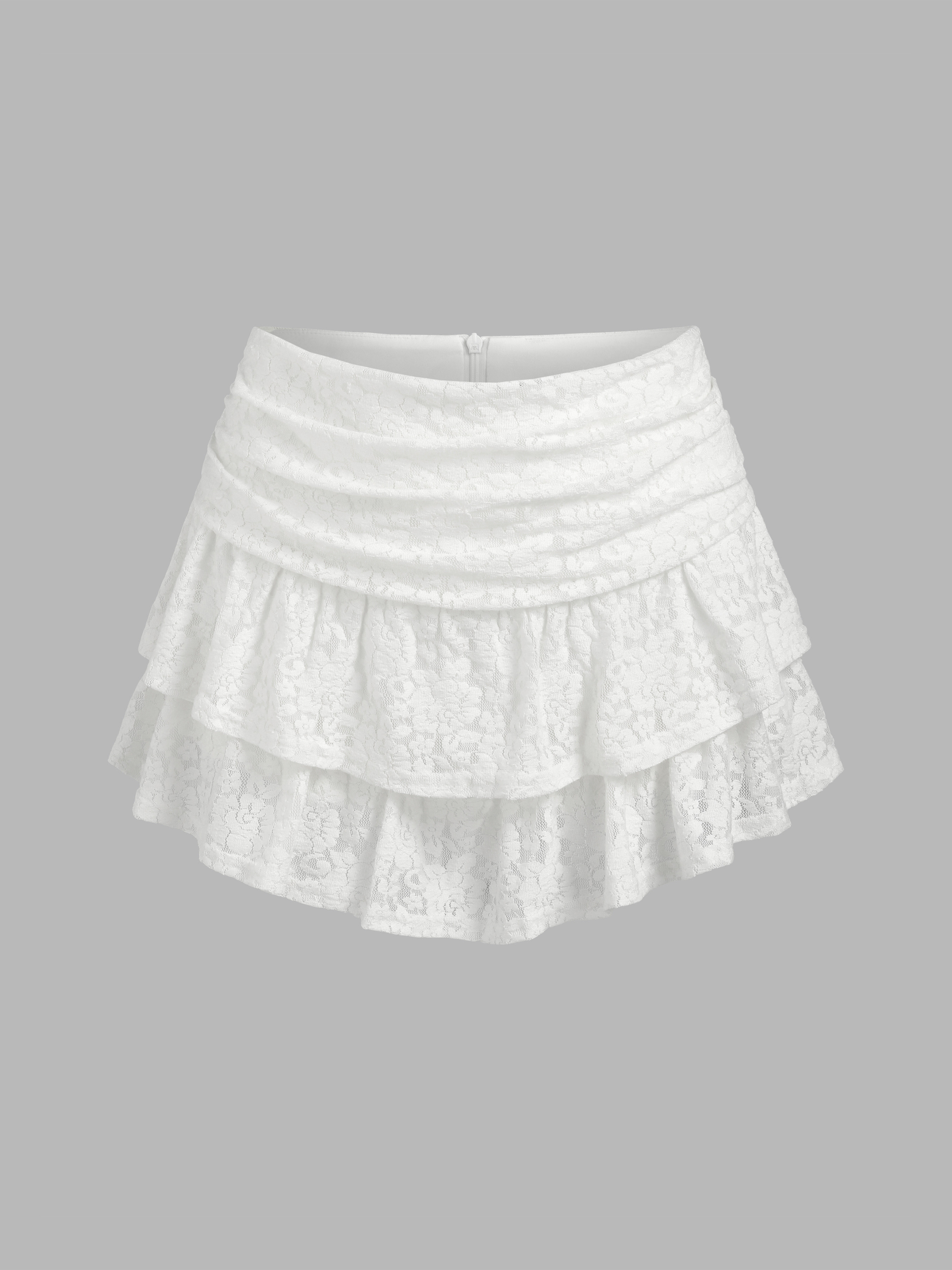 Western Outfits Knit Fabric Ruched Floral Lace Layered Mini Skort For Daily Casual | Cider