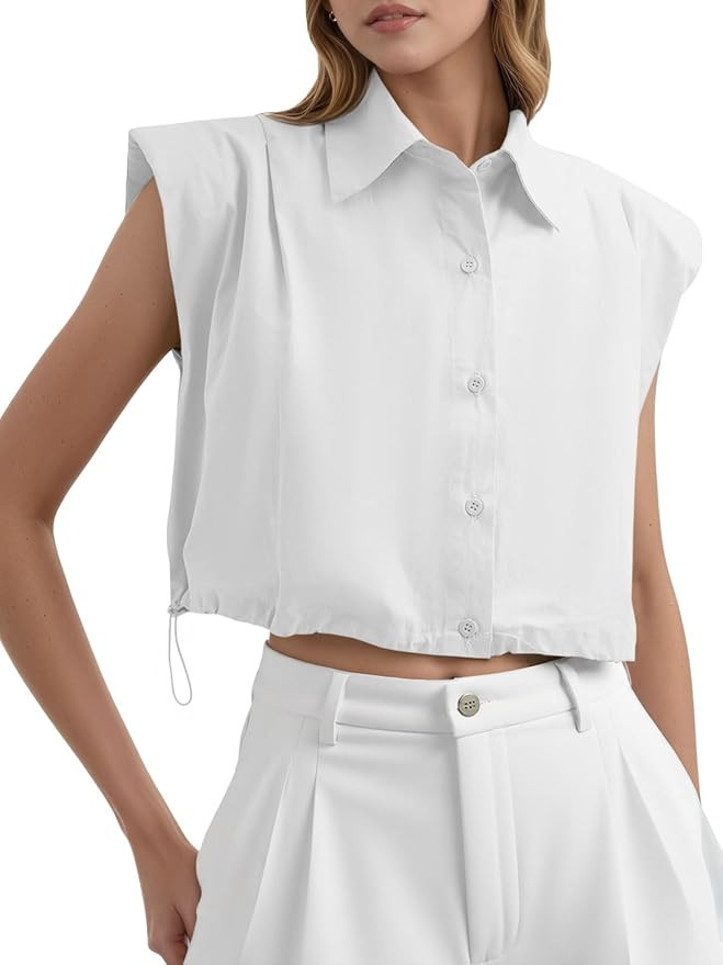 Tankaneo Womens Sleeveless Button Down Shirts Casual Loose V Neck Pad Shoulder Crop Tank Top | Amazon (US)