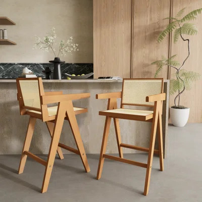 Natural Wood Bar Stool, Rattan Seat, Modern Minimalist Style For Home Use | Wayfair North America
