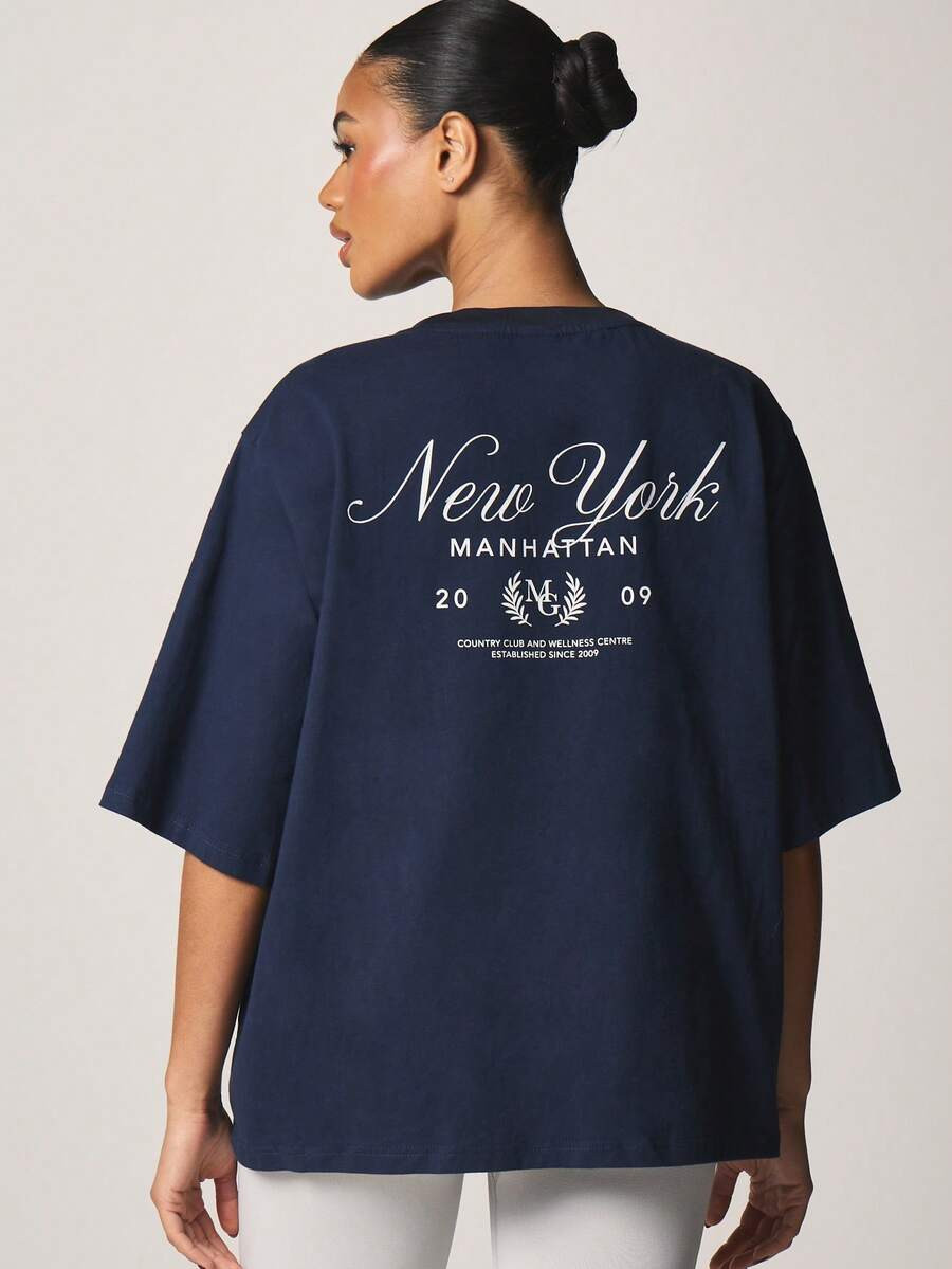 MISSGUIDED Oversized Crew Neck Short Sleeve Manhattan Slogan Print T-Shirt Fall Winter Statement ... | SHEIN