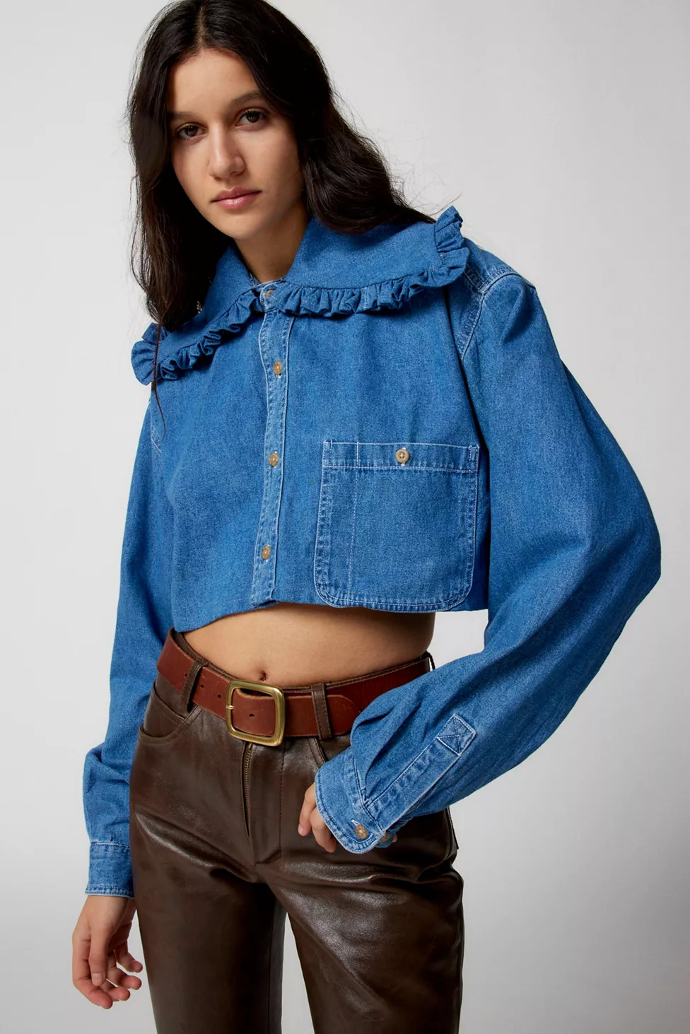 Urban Renewal Remade Ruffle Collar Chambray Cropped Shirt | Urban Outfitters (US and RoW)