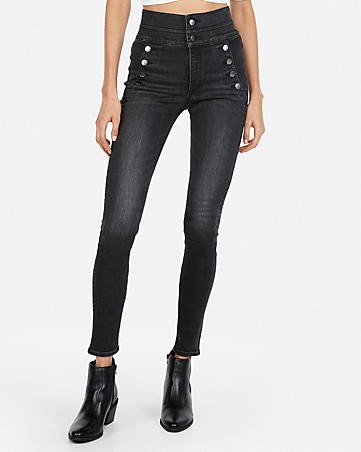 Super High Waisted Denim Perfect Black Button Front Leggings | Express