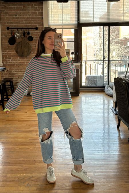 Wearing a L in the Amazon top. Great free people look alike! Size down in the jeans 1-2 sizes. Size down .5 in the sambas 

#LTKfindsunder50 #LTKstyletip #LTKSeasonal