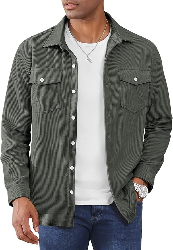 Cotrasen Men's Corduroy Shirt Jacket Button Down Long Sleeve Ribbed Shacket Lightweight Overshirt... | Amazon (US)