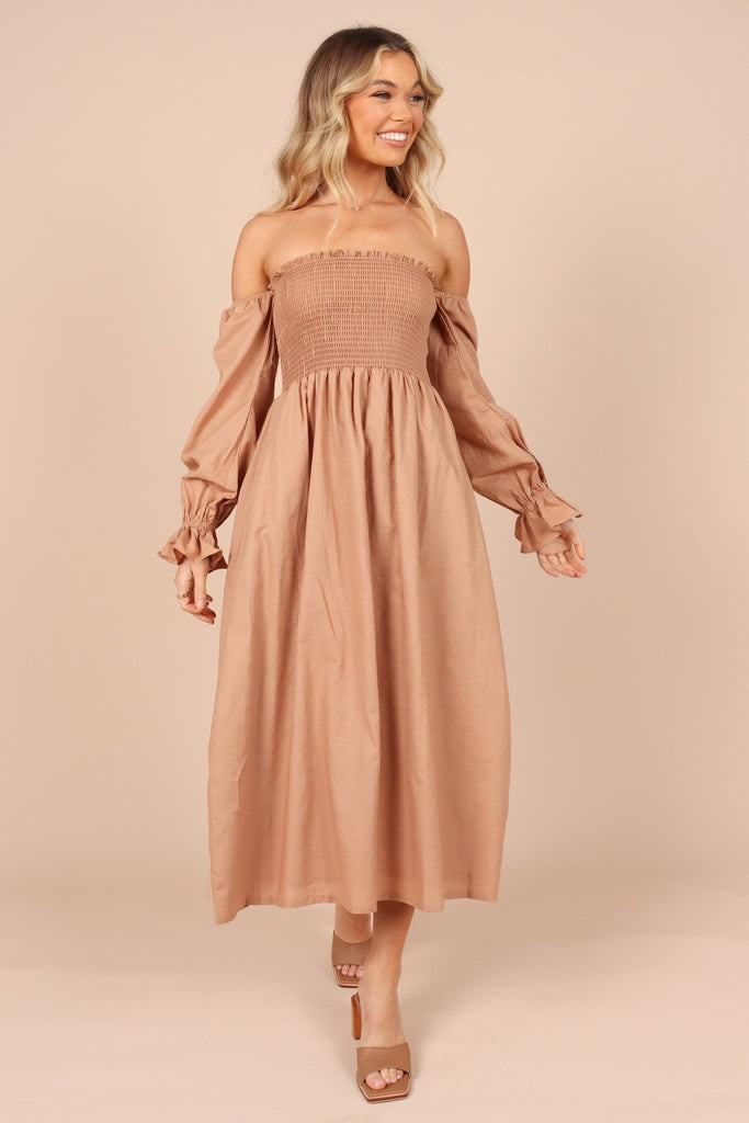 Domenica Shirred Long Sleeve Midi Dress - Tan | Petal & Pup (US)