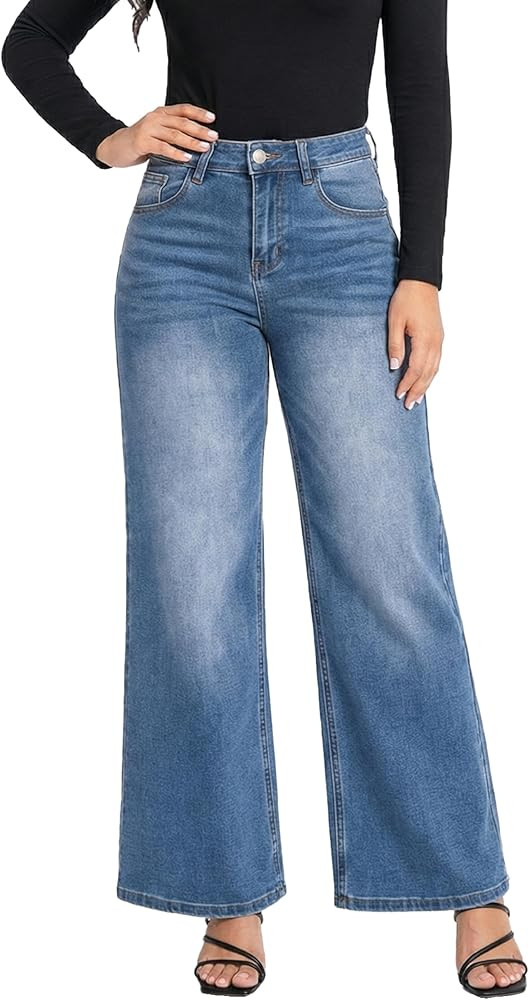ONESO Wide Leg Jeans for Women High Waisted Stretchy Baggy Jeans BBL Loose Fit Tummy Control Deni... | Amazon (US)