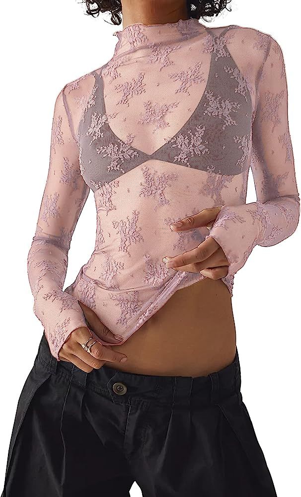 PICPUNMAK Women See Through Floral Embroidery Long Sleeve T Shirt Sexy Mesh Sheer Mock Neck Layer... | Amazon (US)