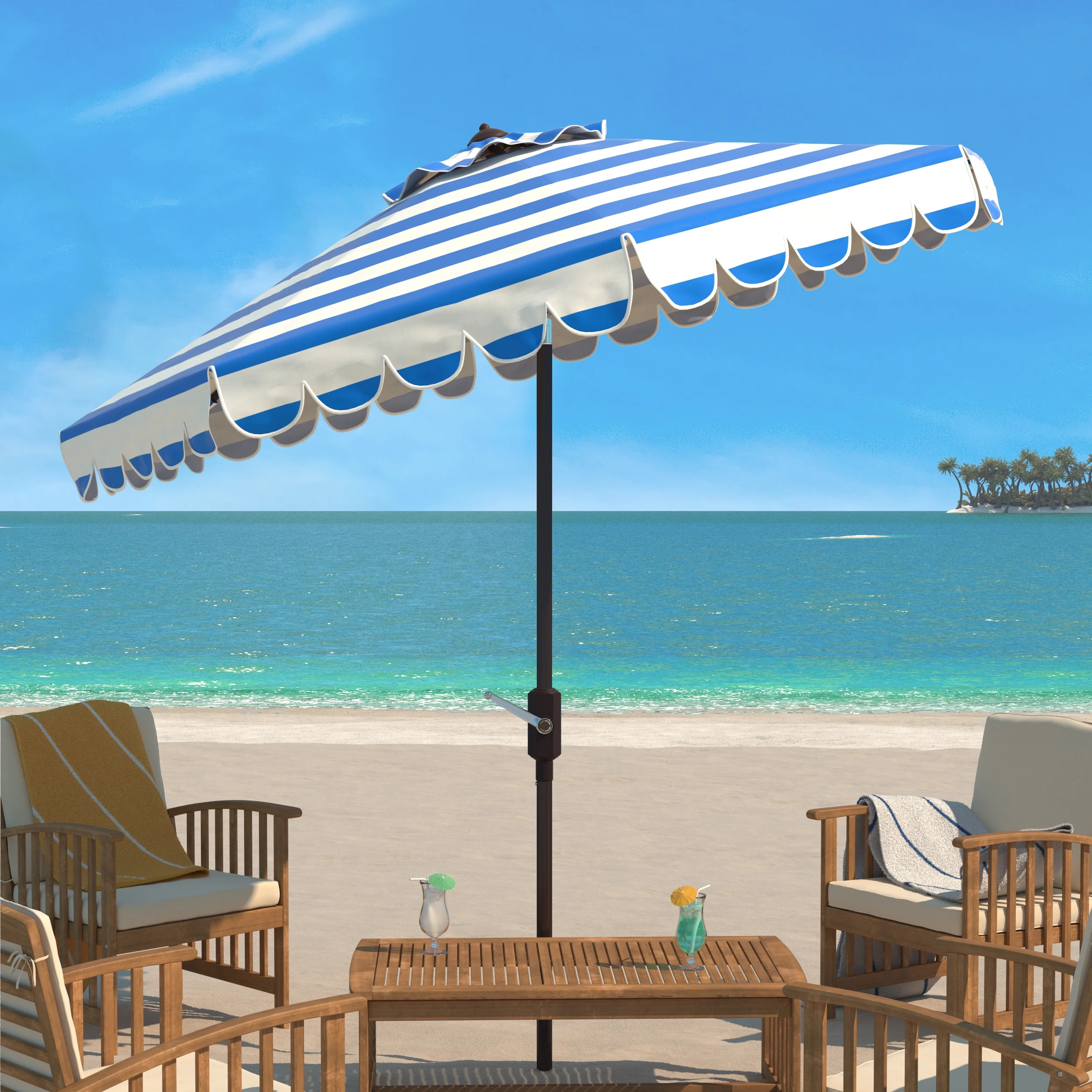 SAFAVIEH Maui 9' Market Crank Striped Tilt Patio Umbrella, Pacific Blue Stripe | Walmart (US)