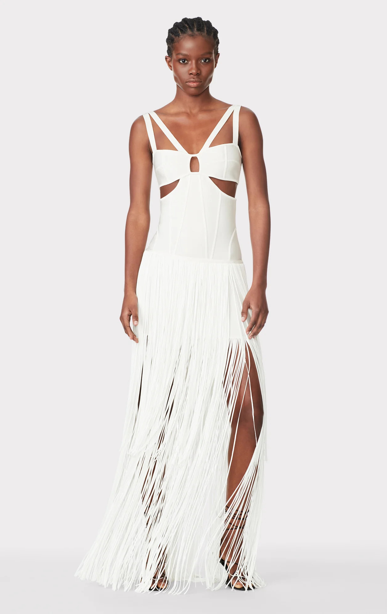 STRAPPY FRINGE GOWN WITH CUT OUT | Herve Leger