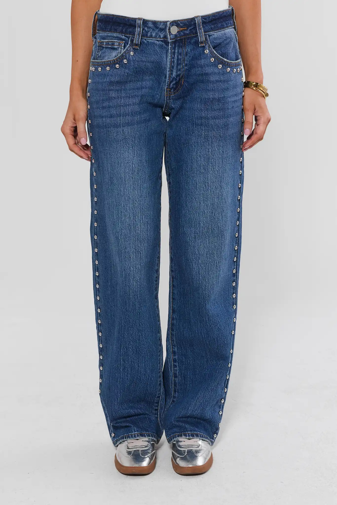 Medium Wash Straight Leg Studded Jeans | Avara
