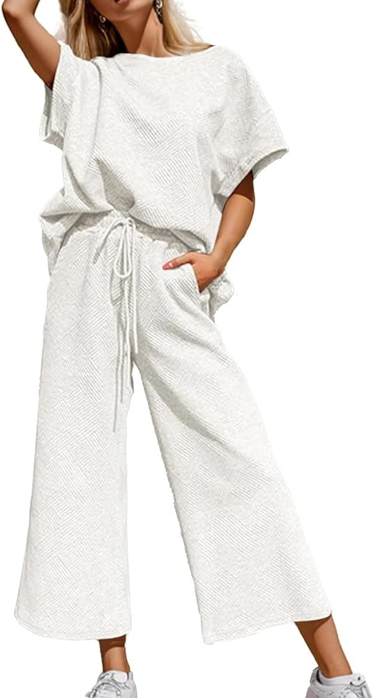 OPCAKM Women's 2 Piece Textured Sweatsuit Short Sleeve Pullover Top Wide Leg Pant Tracksuit Set | Amazon (US)