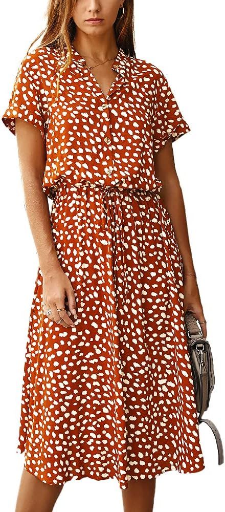 BROVAVE Women's Summer Polka Dot Print Shirt Dress Vintage Short Sleeve Button Down Midi Dress | Amazon (US)