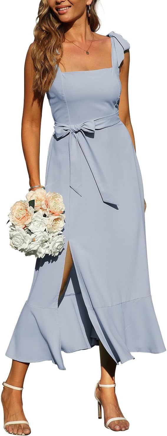 Women's Elegant Midi Dresses for Wedding Guest Square Neck Ruffle Split Formal Bridesmaid Dresses... | Amazon (US)