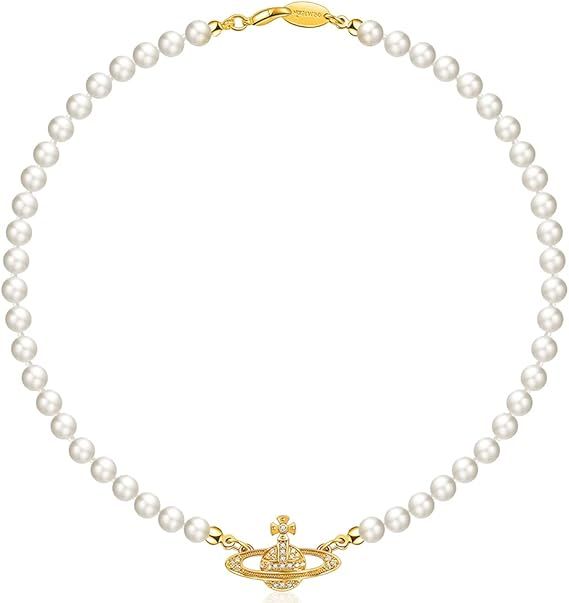 ORJATEXIN Golden Silver Saturn Pearl Necklace Diamond Pearl Bead Crystal Rhinestone Saturn Planet... | Amazon (US)