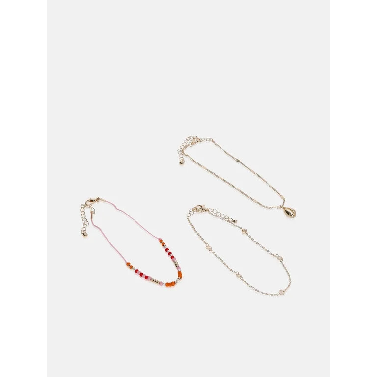 No Boundaries Gold-Tone Shell and Multicolor Beaded Anklets, 3-Pack, Women’s | Walmart (US)