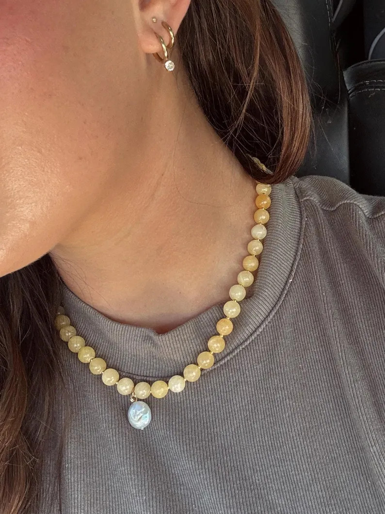 Yellow Calcite Necklace With Pearl Pendant: Natural 8mm Gemstone, Flat Round Freshwater Pear - Et... | Etsy (US)