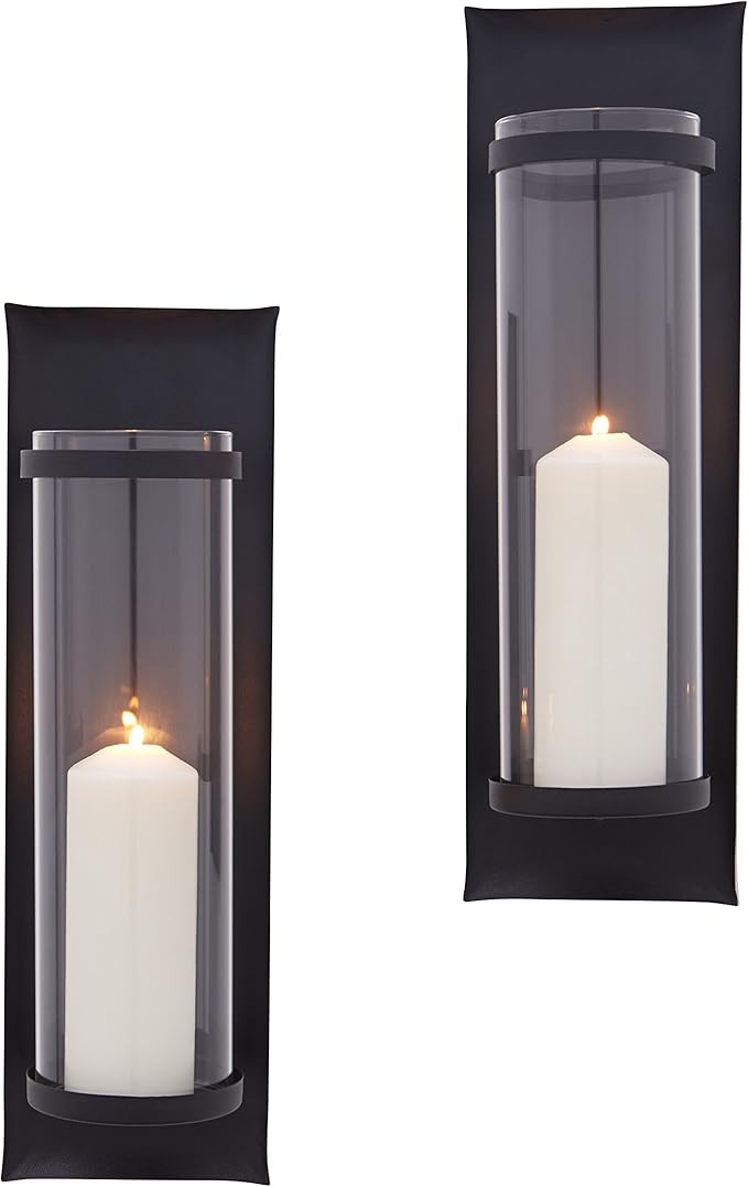 Danya B Metal Pillar Candle Sconces with Glass Inserts - A Wrought Iron Rectangle Wall Accent (Se... | Amazon (US)