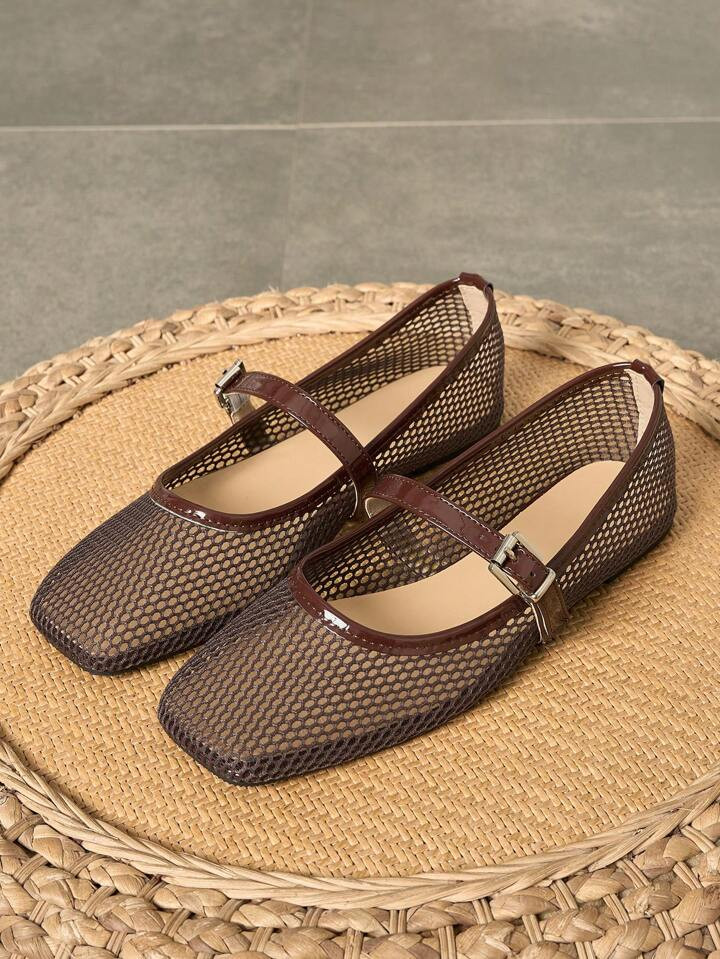 New Hollow-Out Mesh Ballet Brown Square-Toe Summer Breathable Soft Casual Flat Sandals, Ladies Pl... | SHEIN