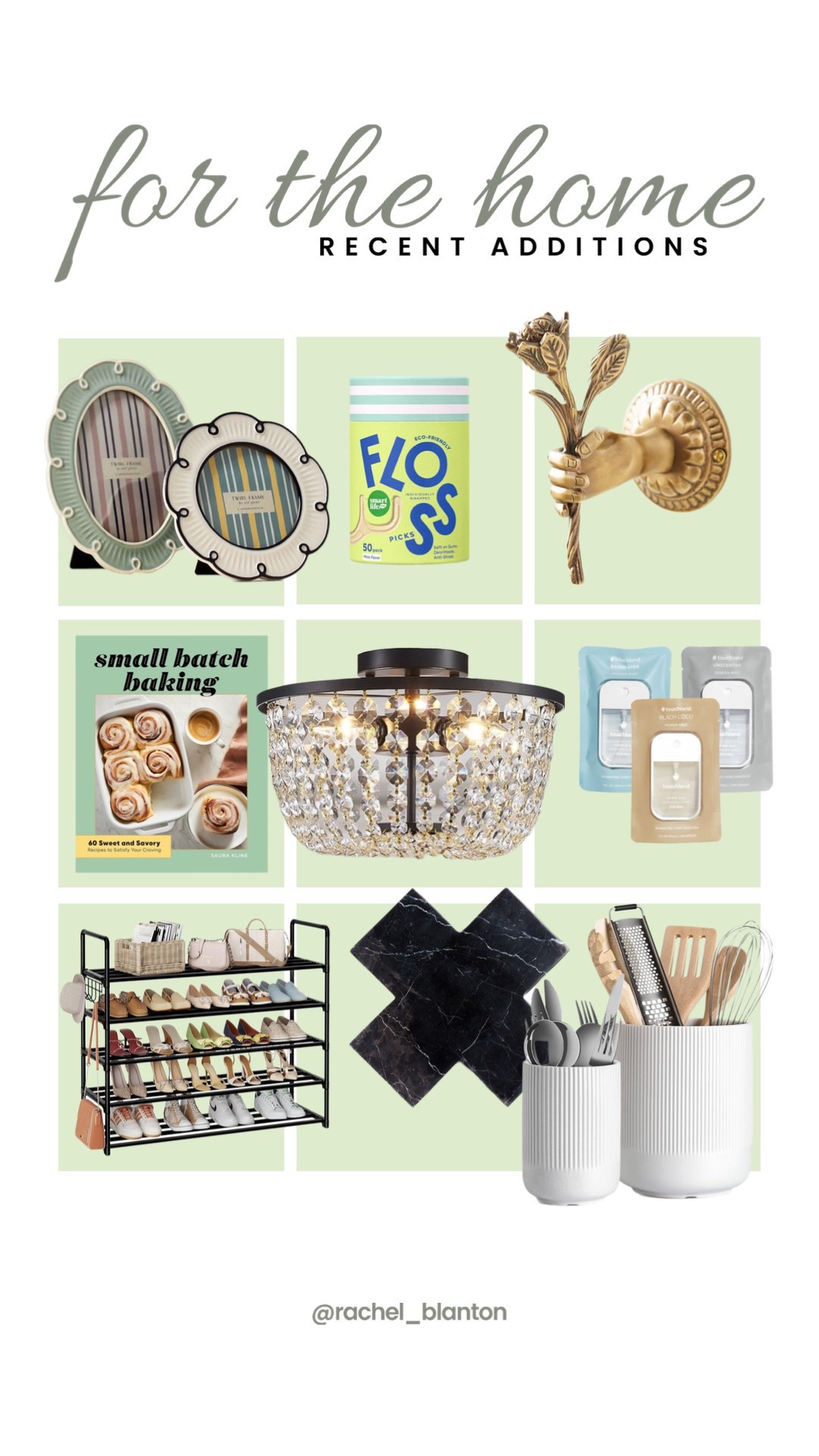 Recent home additions: picture frames, floss picks, wall hook, cookbook, chandelier, Touchland hand sanitizer, shoe rack, cross trivet, utensil crock/holder

#LTKFindsUnder50 #LTKBeauty #LTKFamily