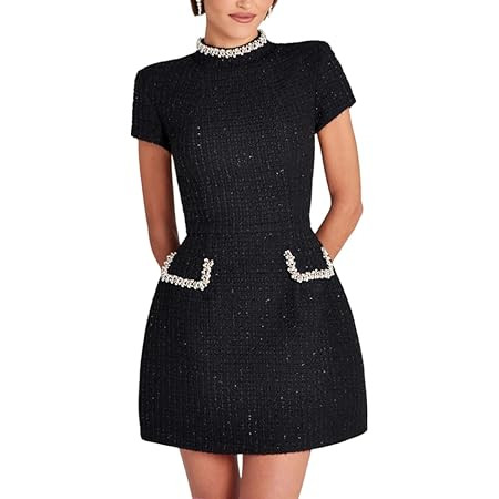 BELLA BARNETT Beading Diamond Round Neck Short Sleeve Sequin Tweed Dress Woman Mini Casual Date N... | Amazon (US)