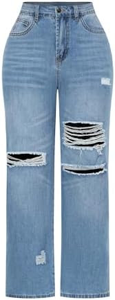 THUNDER STAR Womens High Waisted Wide Leg Jeans Stretchy Distressed Denim Pants | Amazon (US)