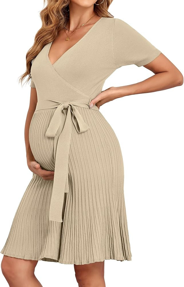 V FOR CITY Maternity Dress Bodycon Dresses for Women Casual Pleated A Line Waistband Short Sleeve... | Amazon (US)