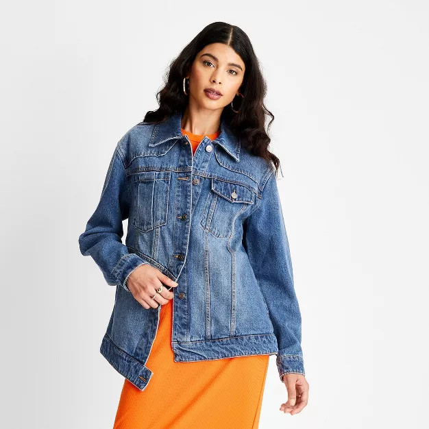 Women's Asymmetrical Jean Jacket - Future Collective™ with Kahlana Barfield Brown Blue Denim | Target
