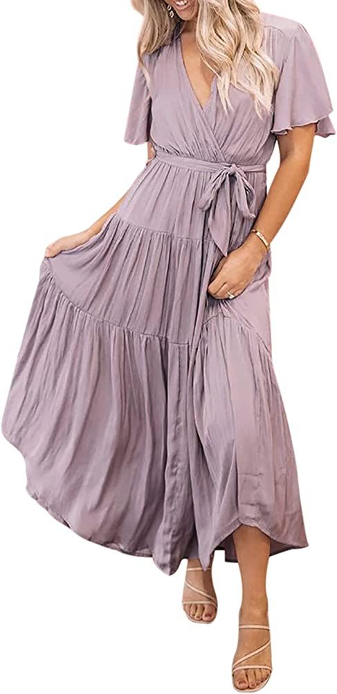 R.Vivimos Summer Dress for Women Cotton Ruffle Short Sleeves V Neck Casual Flowy Midi Dress with ... | Amazon (US)