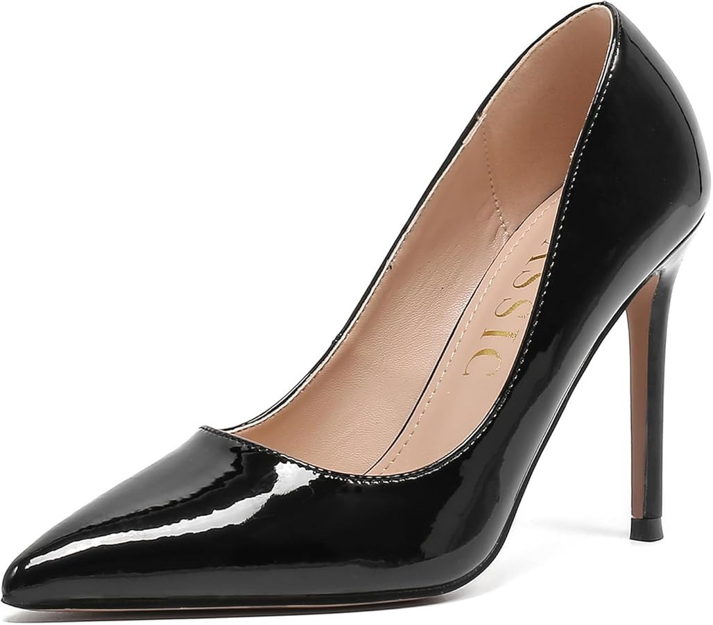 Women's Closed Heels Pointed Toe Pumps High Heels Silver Party Wedding Dress Shoes 4 Inch Slip on... | Amazon (US)