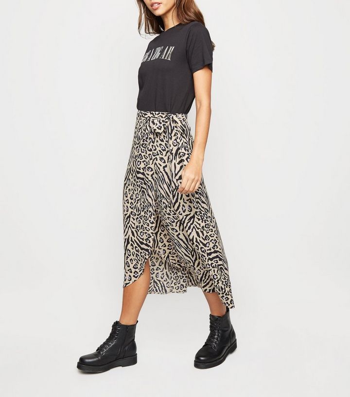 Cream Animal Print Wrap Midi Skirt  | New Look | New Look (UK)