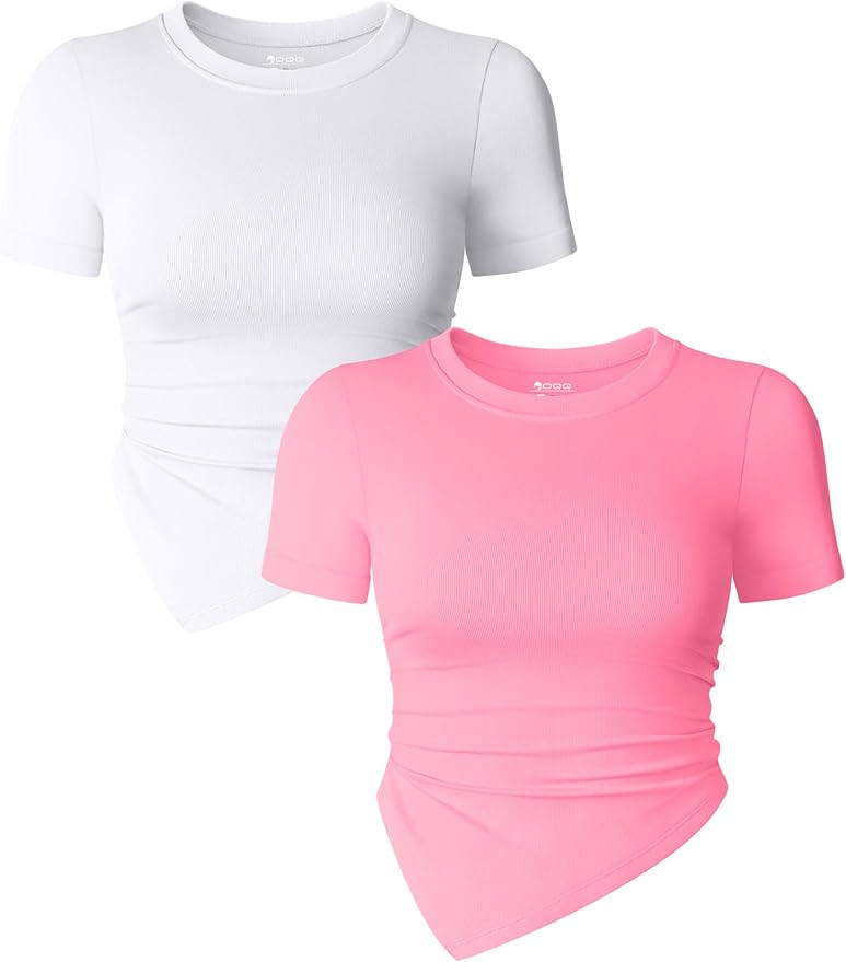 OQQ Women's 2 Piece Tops Short Sleeve Crew Neck Ruched Stretch Fitted Tee Shirts Tops | Amazon (US)