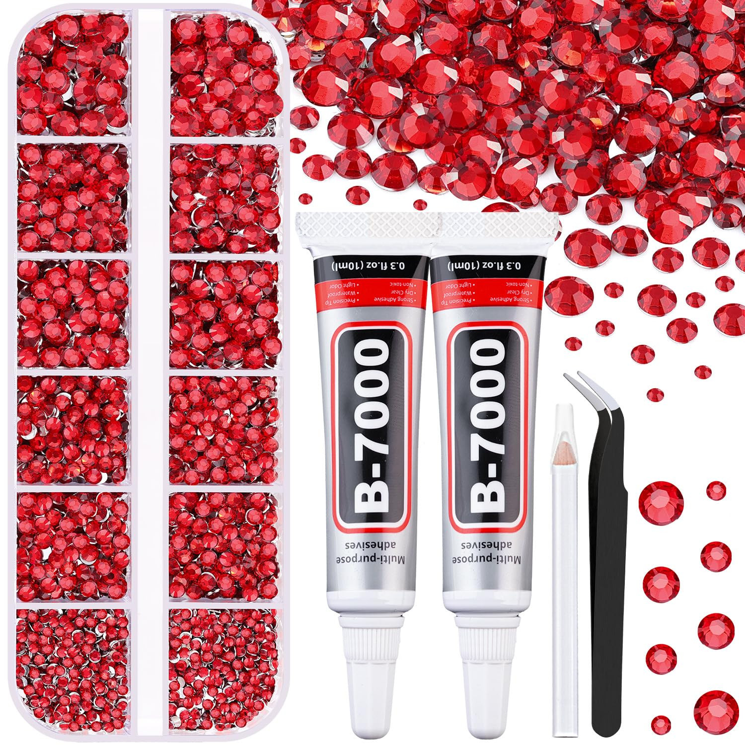 6100Pcs Resin Red Rhinestones for Bedazzling with 2Pcs 10ml B7000 Jewelry Glue, 1 Box Flatback Gems Crystals Diamonds for Makeup Crafting Nail Art | Amazon (US)