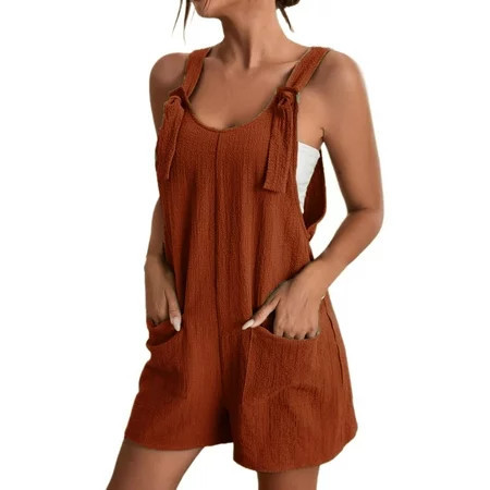 Summer Polyester Shorts Short Jumpsuits for Women Brown Jumpsuit Women s Tie Shoulder Overall Scoop Neck Romper With Pocket 3XL | Walmart (US)
